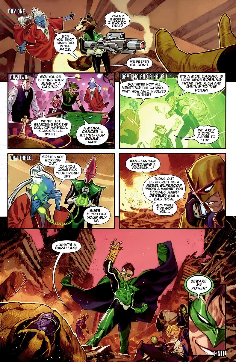 Rocket Raccoon and Hal Jordan prove more trouble than either of their teams expected in Wonder Woman uses the Lasso of Truth to remind Captain America of his commitment to justice in Deadpool/Batman Vol. 1 #1 “Rocket Has A Green Lantern Ring Now” (2025), Marvel Comics/DC. Words by Chip Zdarsky, art by Terry Dodoson, Rachel Dodson, and Joe Caramagna.