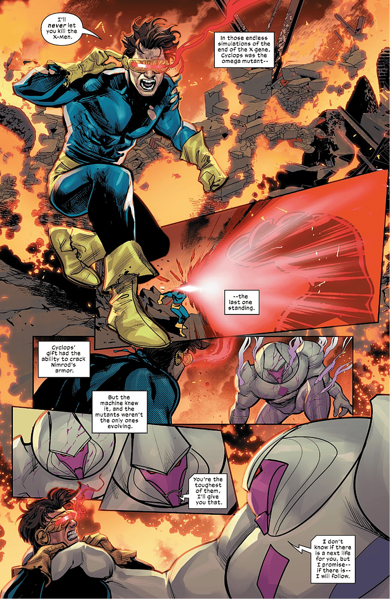 Cyclops finds himself the last mutant standing against Nimrod in Fall of the House of X Vol. 1 #5 "The Turn" (2024), Marvel Comics. Words by Gerry Duggan, art by Lucas Werneck, Stefano Caselli, Bryan Valenza, and Travis Lanham.