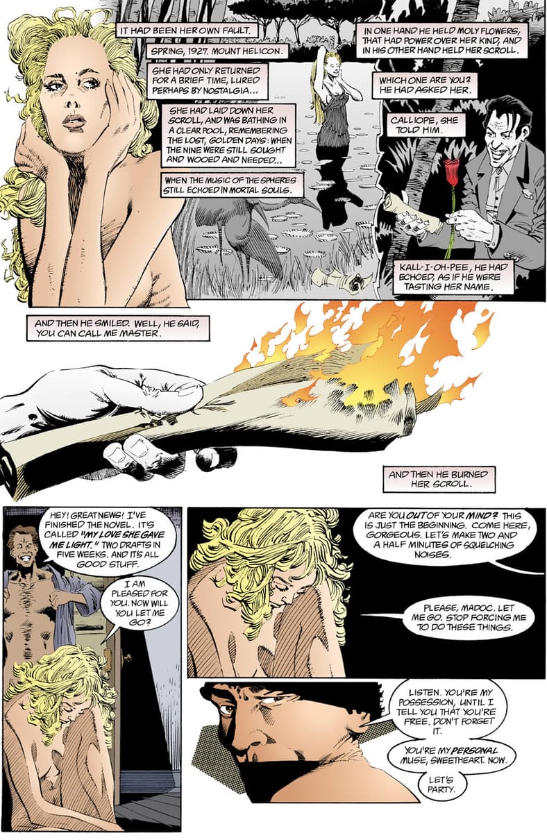 Richard Madoc refuses to let Calliope free, lest he run out of story ideas in Sandman Vol. 2 #17 "Calliope" (1990), DC/Vertigo. Words by Neil Gaiman, art by Kelley Jones, Malcolm Jones III, Robbie Busch, and Todd Klein.