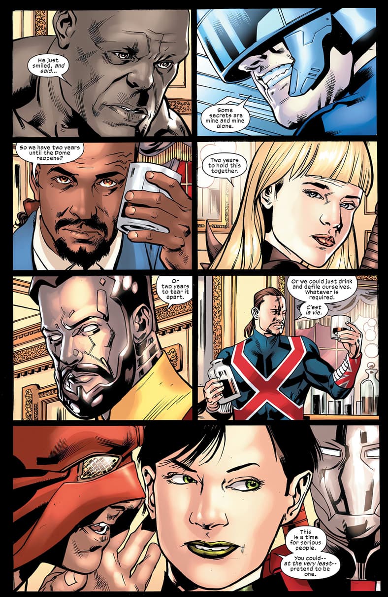 The Maker's Council learn of their leader's self-imposed exile in Ultimate Invasion Vol. 1 #4 "Chapter Four: Yesterday, Today, Tomorrow" (2023), Marvel Comics. Words by Jonathan Hickman, art by Bryan Hitch, Andrew Currie, Alex Sinclair, and Joe Caramagna
