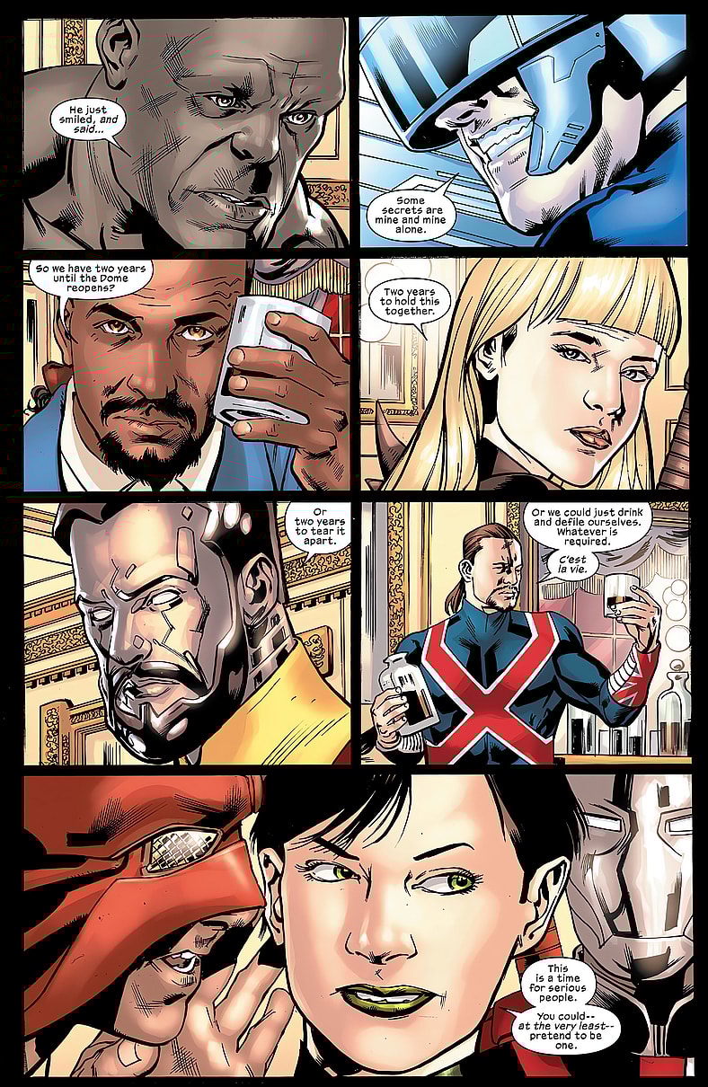 The Maker's Council learn of their leader's self-imposed exile in Ultimate Invasion Vol. 1 #4 "Chapter Four: Yesterday, Today, Tomorrow" (2023), Marvel Comics. Words by Jonathan Hickman, art by Bryan Hitch, Andrew Currie, Alex Sinclair, and Joe Caramagna