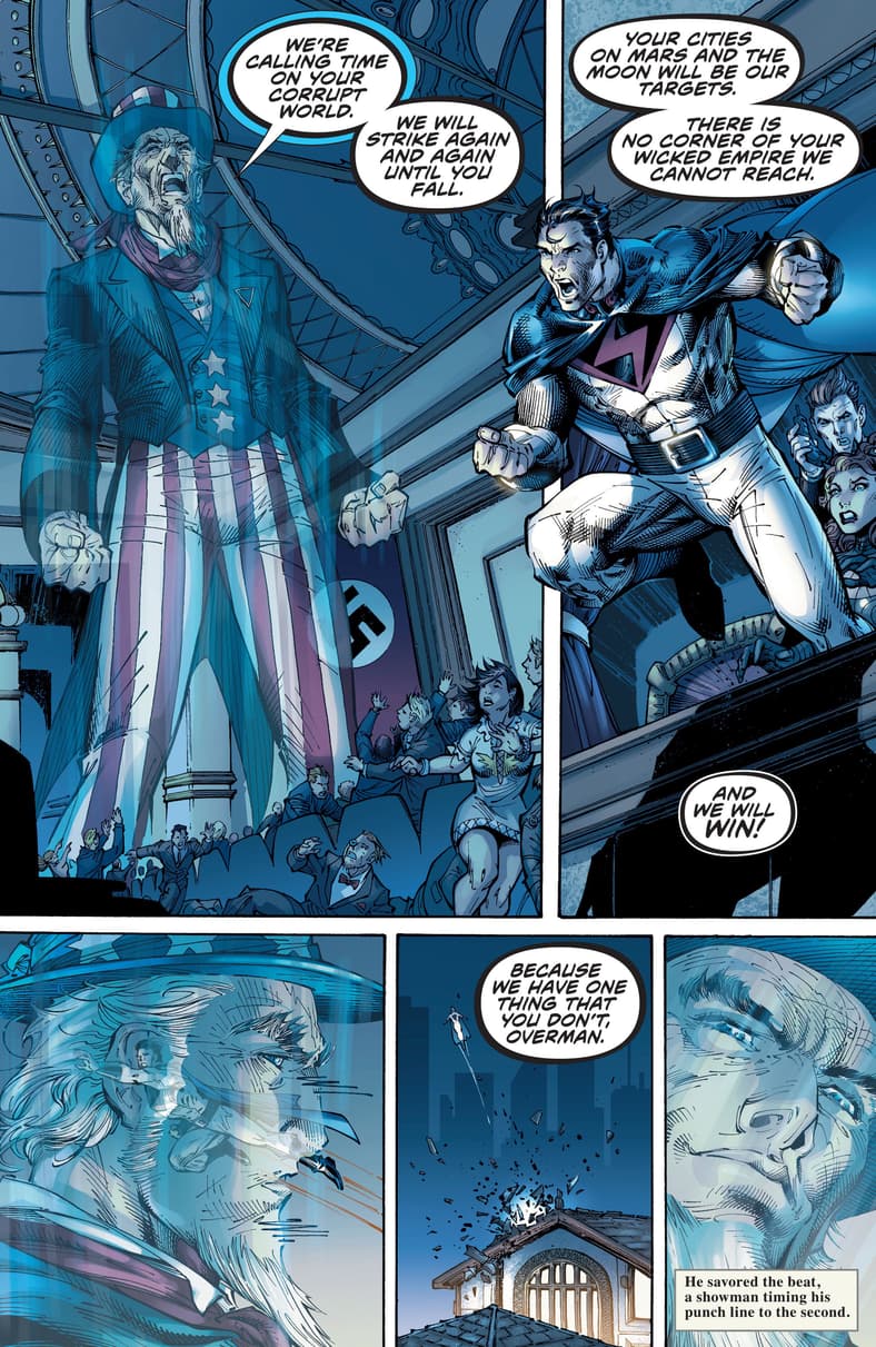Uncle Sam defies Overman's power in The Multiversity: Mastermen Vol. 1 #1 "Splendour Falls" (2015), DC. Words by Grant Morrison, art by Jim Lee, Scott Williams, Sandra Hope, Jonathan Glapion, Mark Irwin, Alex Sinclair, Jeromy Cox and Rob Leigh.