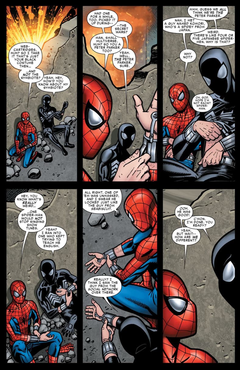 Two versions of Peter Parker reload in Spider-Verse Vol. 1 #2 "It's The Little Things" (2015)