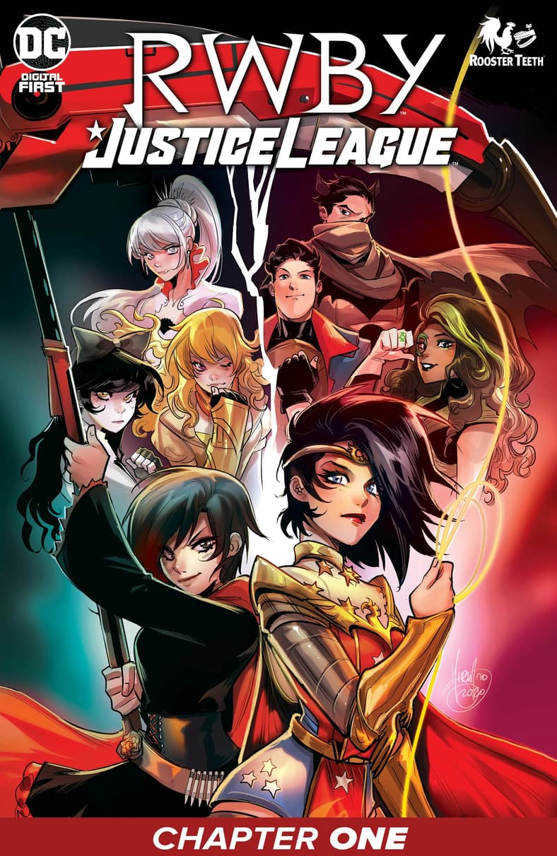 Batman, Superman, Jessica Cruz, Wonder Woman, and RWBY team on cover to RWBY/Justice League Vol. 1