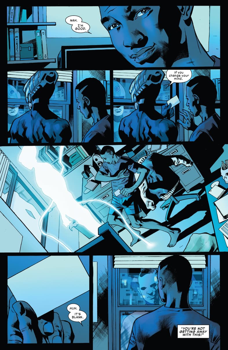 The Maker lets Miles Morales know that his offer to return home stands in perpetuity in Ultimate Invasion Vol. 1 #1 "Chapter One: Good Artists Copy" (2023), Marvel Comics. Words by Jonathan Hickman, art by Bryan Hitch, Andrew Currie, Alex Sinclair, and Joe Caramagna.