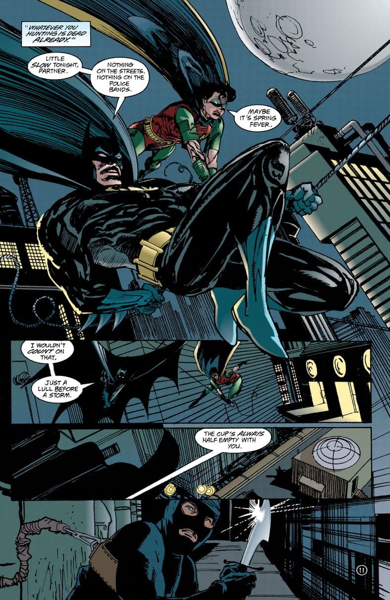 The Dark Knight and the Boy Wonder swing through a quiet Gotham night in Detective Comics Vol. 1 Issue #708 "The Death Lottery, Part One: Heart of Glass" (1997), DC Comics. Words by Chuck Dixon. Art by Graham Nolan, Bill Sienkiewicz, and Gloria Vasquez.