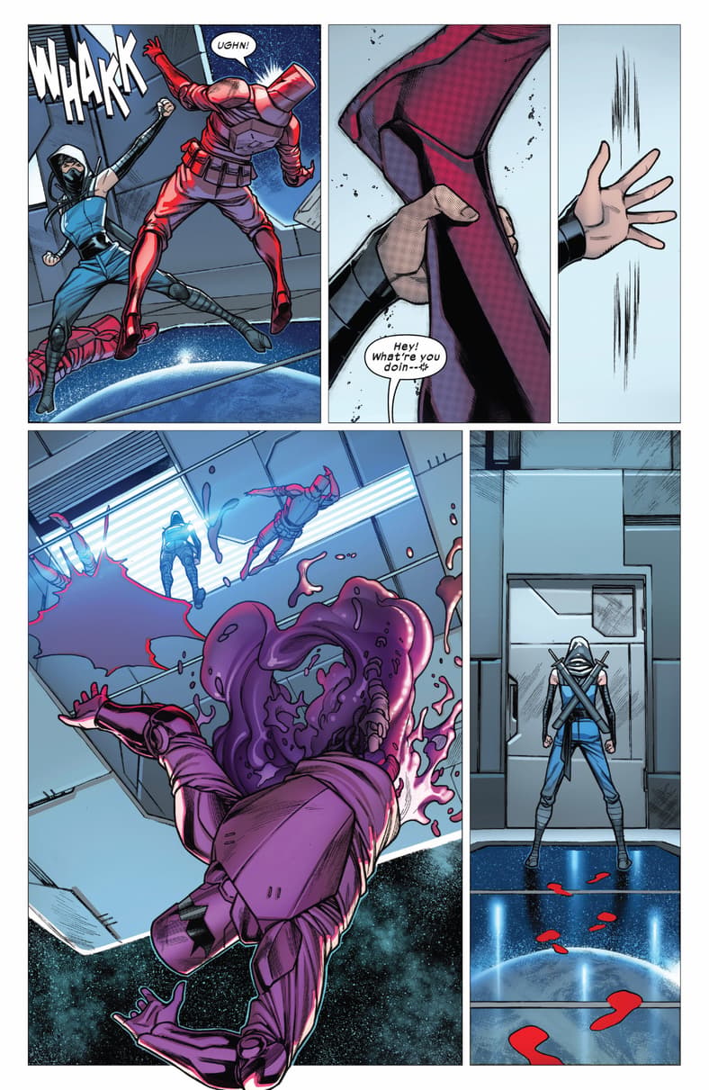 Kitty Pryde phases half of an Orchis trooper through an airlock in X-Men Vol. 6 #26 "Whack-A-Mole" (2023), Marvel Comics. Words by Gerry Duggan, art by Jim Towe, Javier Pina, and Marte Gracia.