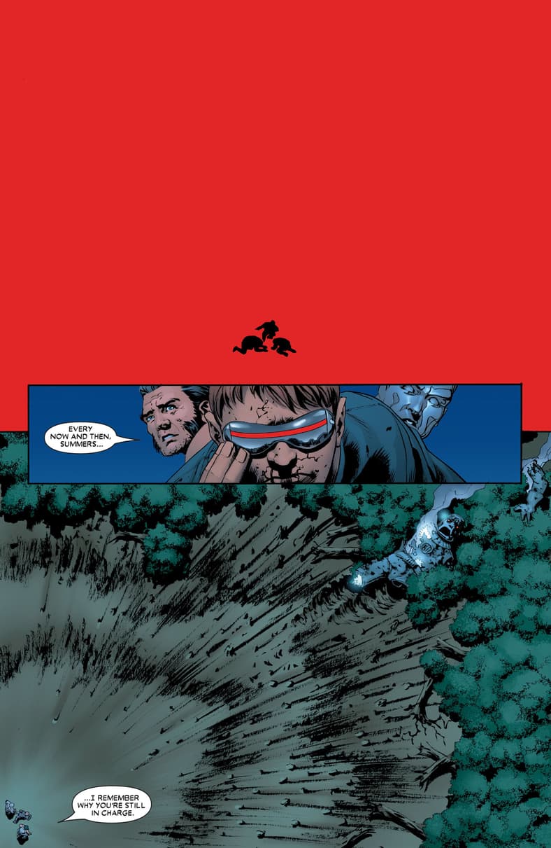 Cyclops lets loose against a Sentinel in Astonishing X-Men Vol. 3 #8 "Dangerous (Part 2)" (2004), Marvel Comics. Words by Joss Whedon, art by John Cassaday, Laura Martin, and Chris Eliopoulos.