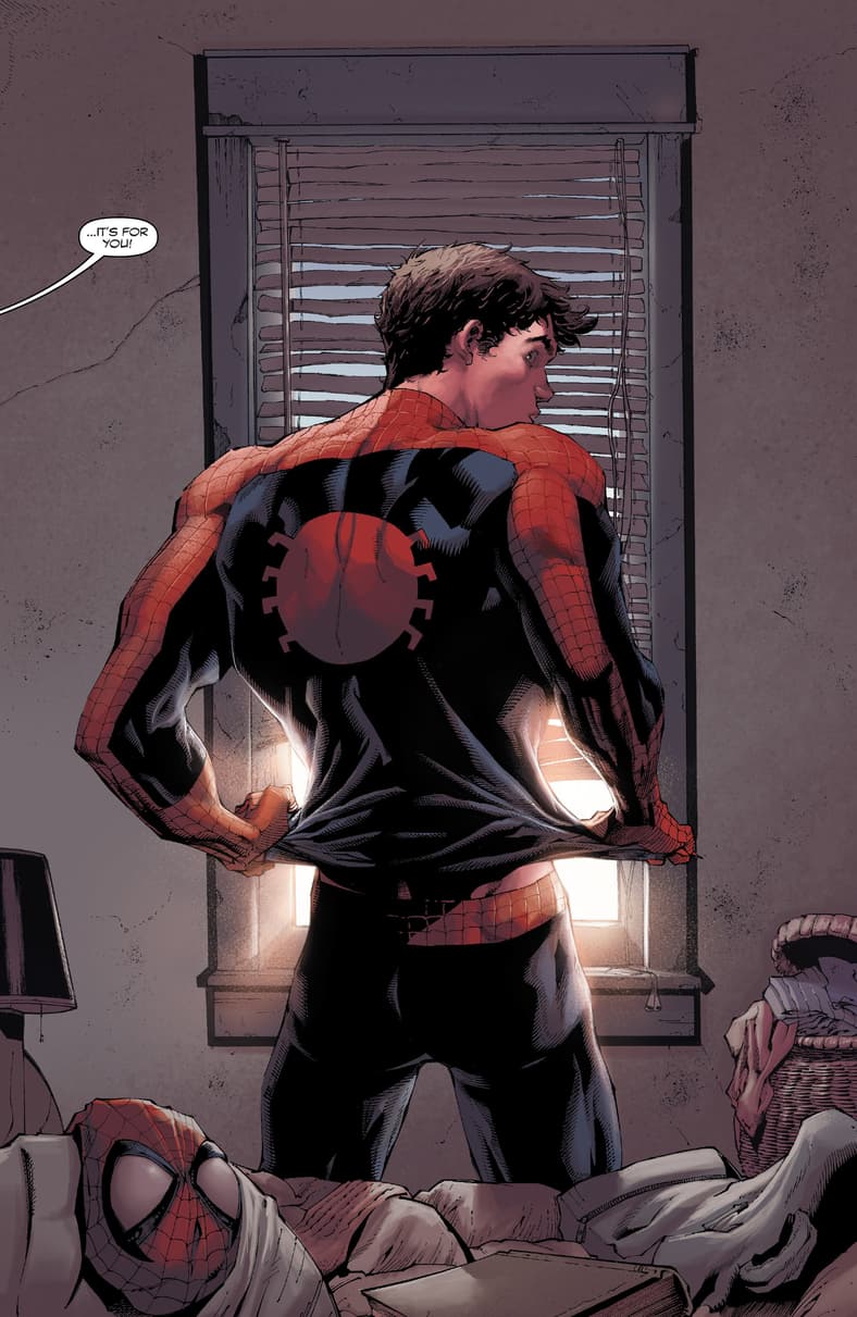 Peter Parker receives a visitor in Absolute Carnage Vol.1 #1 "Chapter One: The Bleeding King" (2019), Marvel Comics. Words by Donny Cates, art by Ryan Stegman, JP Mayer, Frank Martin Jr., and Clayton Cowles.