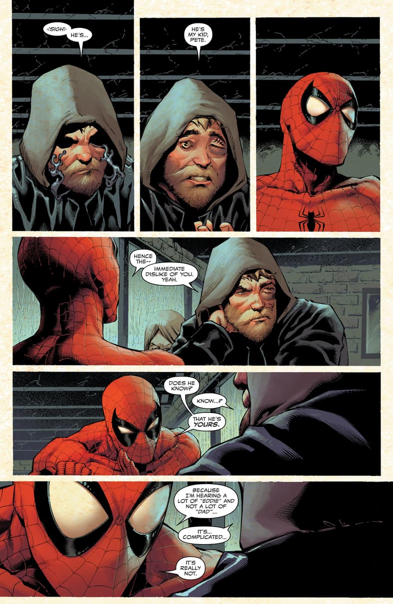 Venom comes clean to Spider-Man about his son Dylan in Absolute Carnage Vol.1 #1 "Chapter One: The Bleeding King" (2019), Marvel Comics. Words by Donny Cates, art by Ryan Stegman, JP Mayer, Frank Martin Jr., and Clayton Cowles.
