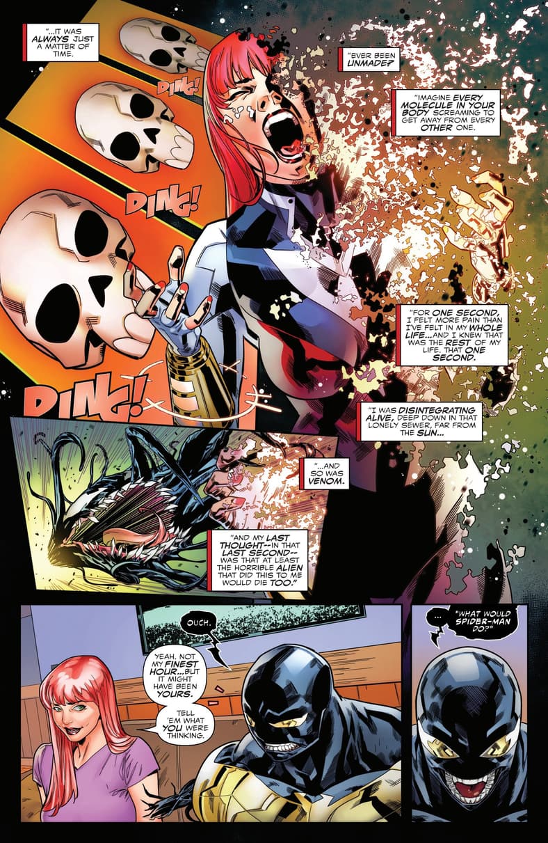 MJ and the Venom symbiote recount the origins of their partnership in All-New Venom Vol. 1 #6 (2025), Marvel Comics. Words by Al Ewing, art by Carlos Gómez, Frank D'armata, and Clayton Cowles.