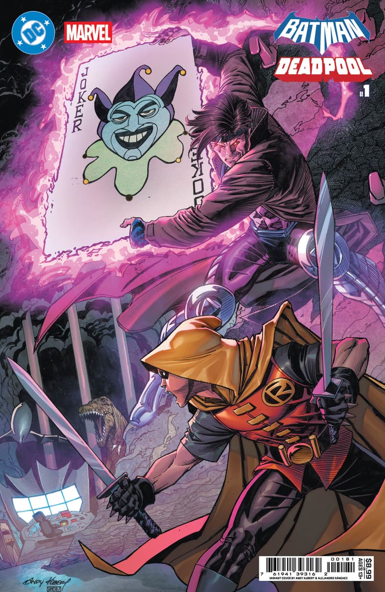 Gambit makes use of Robin's surroundings on Andy Kubert's variant cover to Batman/Deadpool Vol. 1 #1 (2025), DC/Marvel Comics