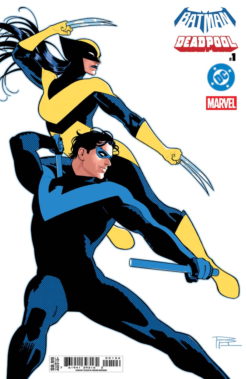 Nightwing and Wolverine ready themselves for an upcoming scrap on Bruno Redondo's variant cover to Batman/Deadpool Vol. 1 #1 (2025), DC/Marvel Comics