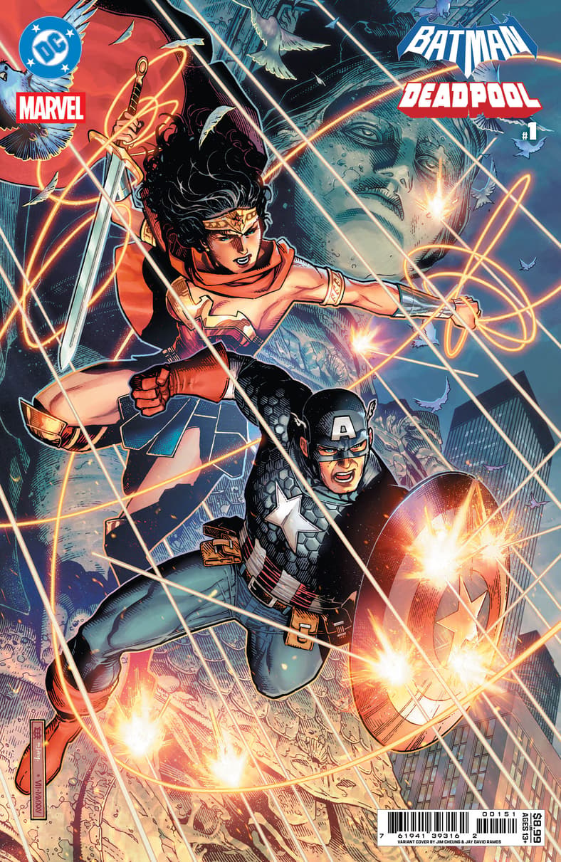 Wonder Woman joins the fight alongside Captain America on Jim Cheung's variant cover to Batman/Deadpool Vol. 1 #1 (2025), DC/Marvel Comics