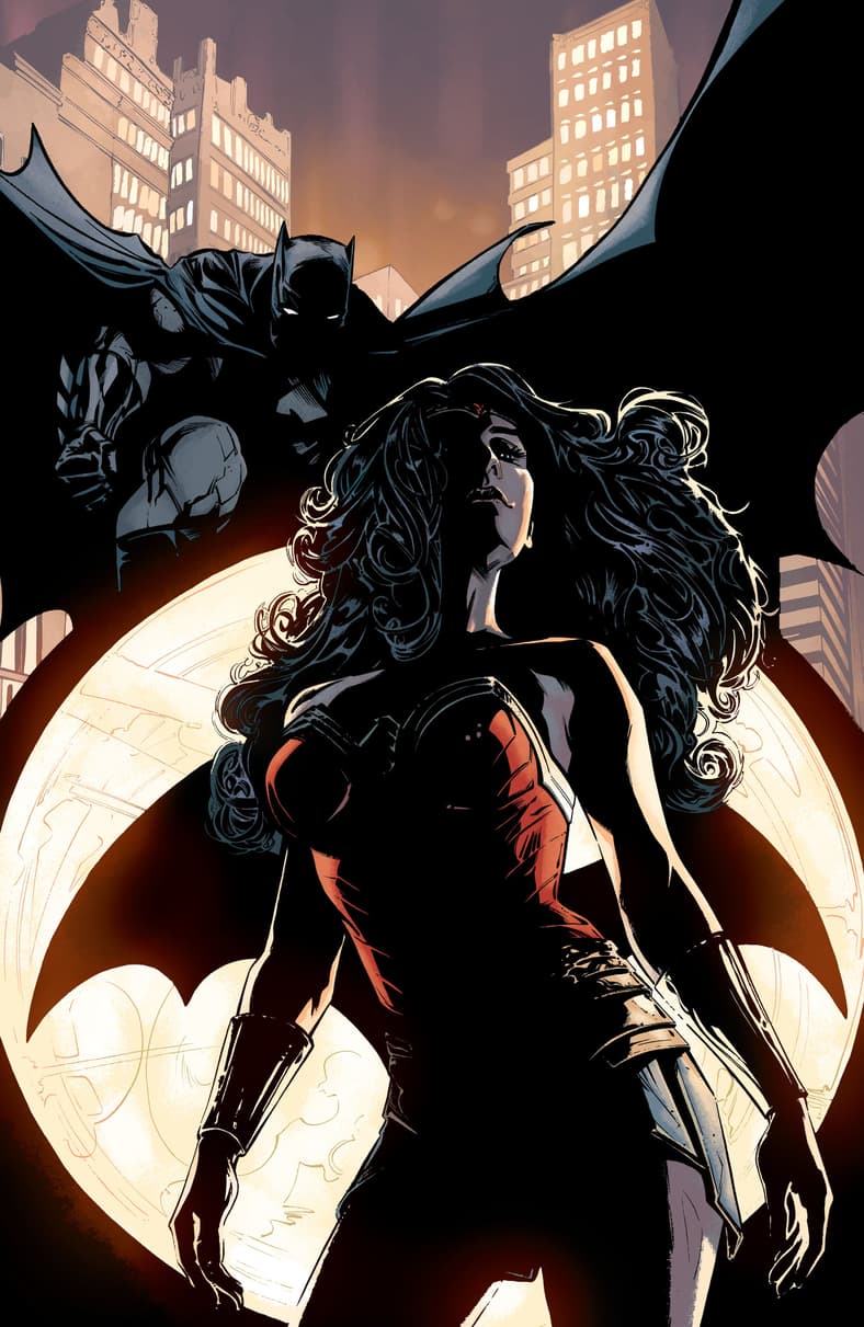 Batman and Wonder Woman respond to the Bat -Signal on Joëlle Jones and Jordie Bellaire's cover to Batman Vol. 3 #40 "Superfriends, Part 4" (2018), DC