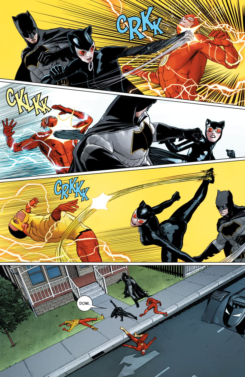 Catwoman outthinks the Flashes - Barry Allen, Wally West, and Wallce West - in Batman Vol. 3 #42 "Everyone Loves Ivy, Part Two" (2018), DC. Words by Tom King, art by Mikel Janín, June Chung, and Clayton Cowles.