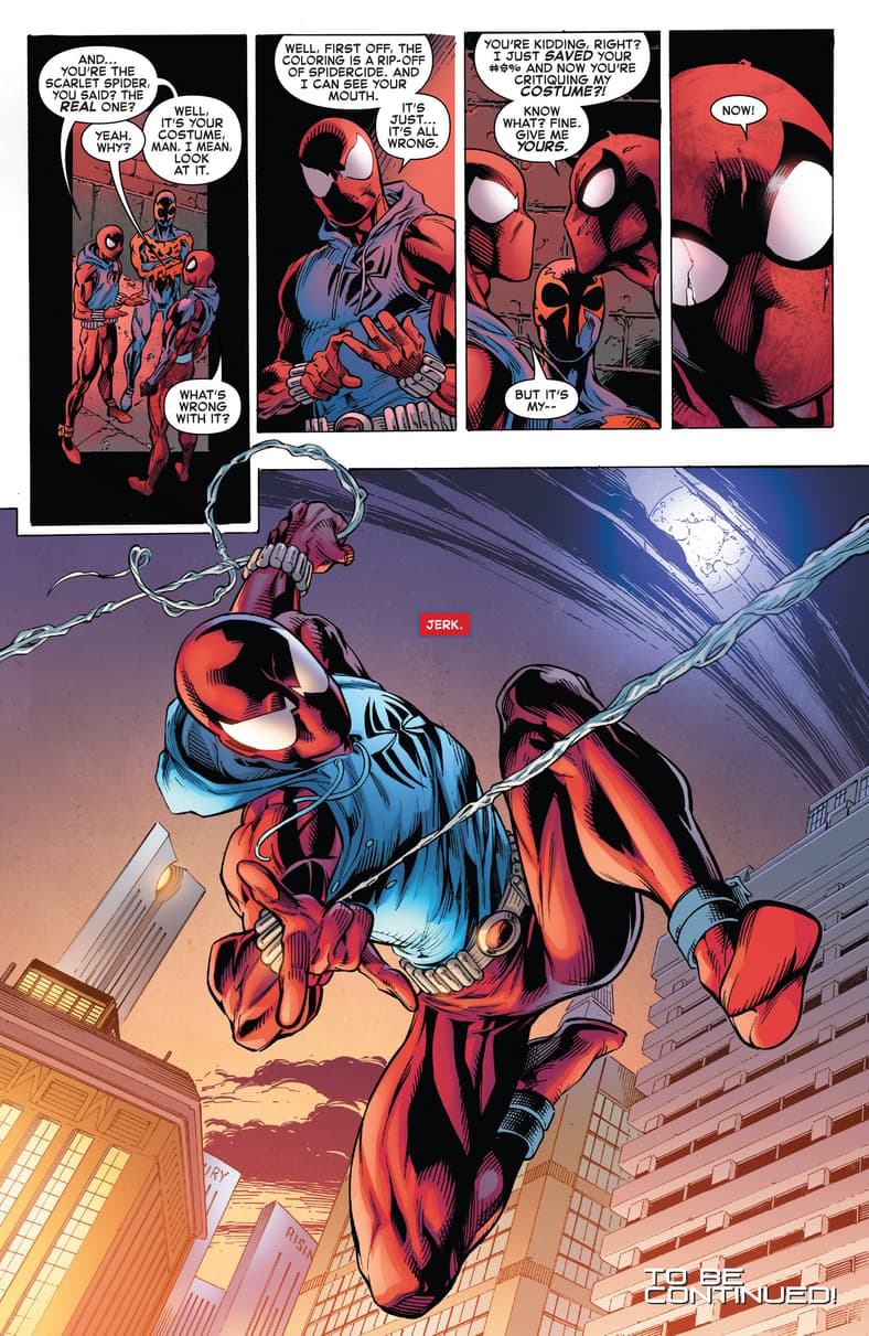 Ben Reilly returns to his classic threads in Ben Reilly: Scarlet SPider (2017), Marvel Comics. Words by Peter David, art by Mark Bagley, John Dell, Jason Keith, Jay David Ramos, and Joe Caramagna.
