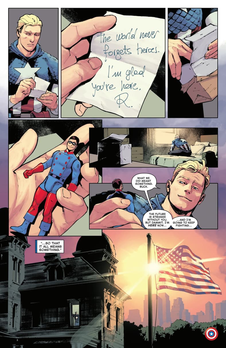 Steve Rogers steels himself to face a new, unfamiliar world in Captain America Vol. 14 #5 "Our Secret Wars, Part 5" (2025), Marvel Comics. Words by Chip Zdarsky, art by Valerio Schiti, Frank Martin Jr., and Joe Caramagna.