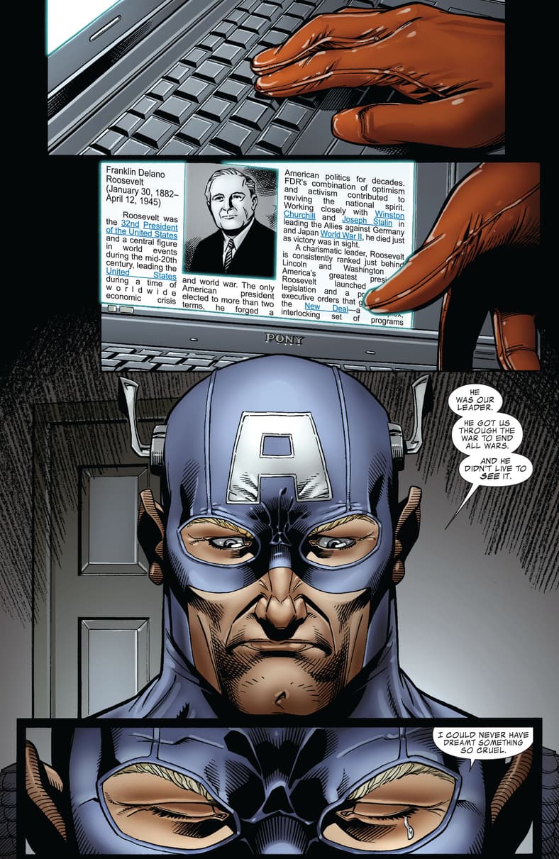 Steve Rogers learns about the death of President Franklin Delano Roosevelt in Captain America: Man Out of Time Vol. 1 #2 (2010), Marvel Comics. Words by Mark Waid, art by Jorge Molina, Karl Kesel, Frank D'Armata, and Joe Sabino.