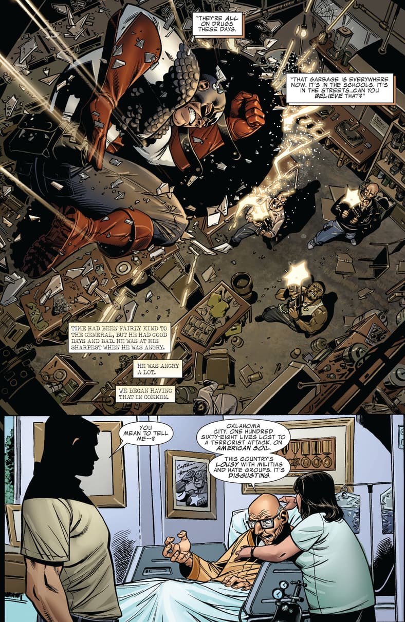 Steve Rogers catches up with General Jacob Simon in Captain America: Man Out of Time Vol. 1 #2 (2010), Marvel Comics. Words by Mark Waid, art by Jorge Molina, Karl Kesel, Frank D'Armata, and Joe Sabino.
