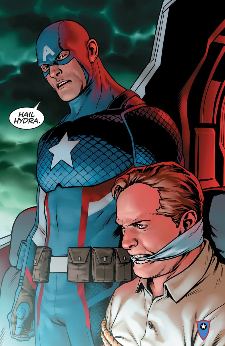 The Star-Spangled Avenger reveals himself to be an agent of Hydra in Captain America: Steve Rogers Vol. 1 #1 (2016), Marvel Comics. Words by Nick Spencer, art by Jesús Saíz and Joe Caramagna.