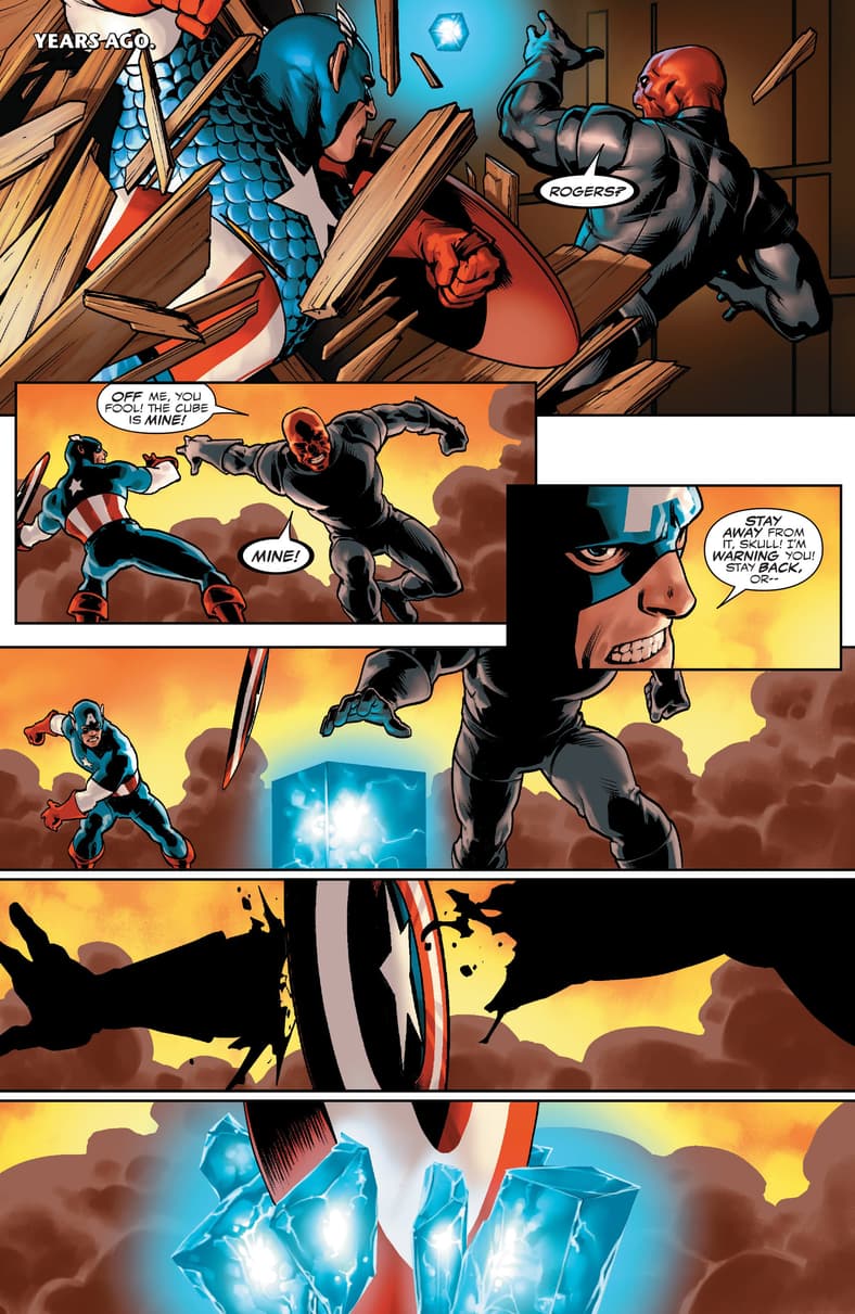 The Red Skull recalls his first battle with the titular hero in Captain America: Steve Rogers Vol. 1 #1 (2016), Marvel Comics. Words by Nick Spencer, art by Jesús Saíz and Joe Caramagna.