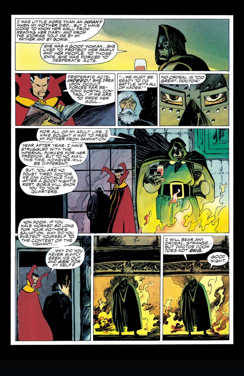 Doctor Doom opens up to Doctor Strange about his mother Cynthia in Doctor Strange & Doctor Doom: Triumph and Torment (1989), Marvel Comics. Words by Roger Stern. Art by Mike Mignola and Mark Badger.