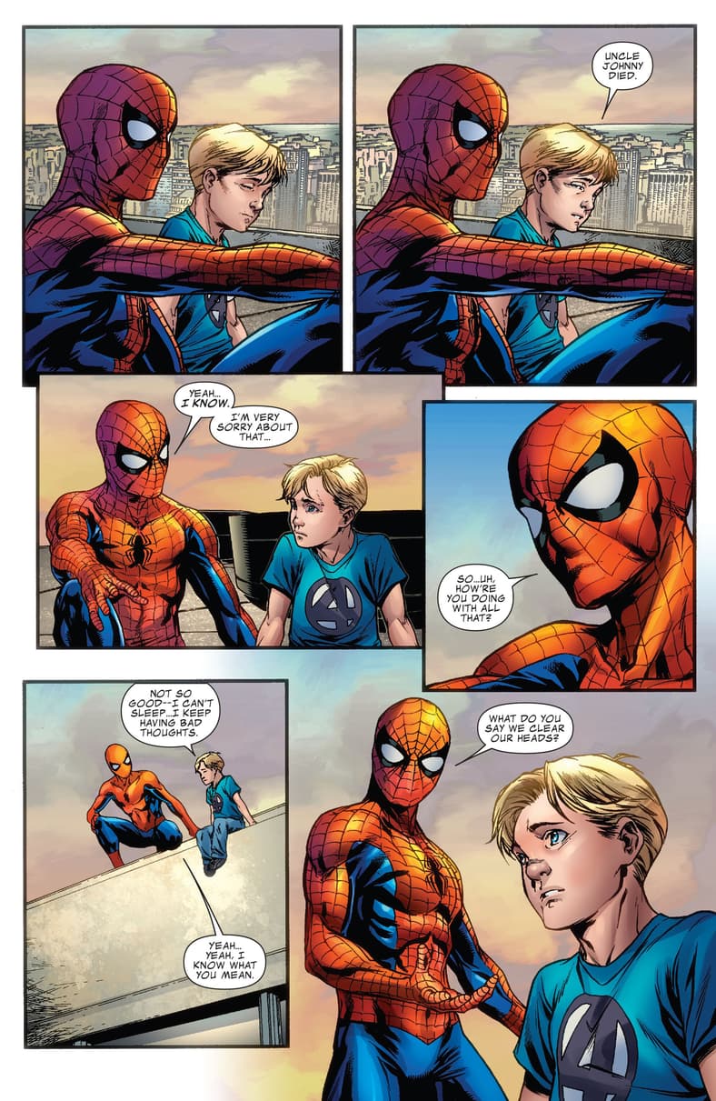 Peter Parker checks in on his nephew, Franklin Richards, following the death of the Human Torch in Fantastic Four Vol. 1 #588 "Uncles" (2011), Marvel Comics. Words by Jonathan Hickman, art by Mark Brooks, Paul Mounts, and Rus Wooton.