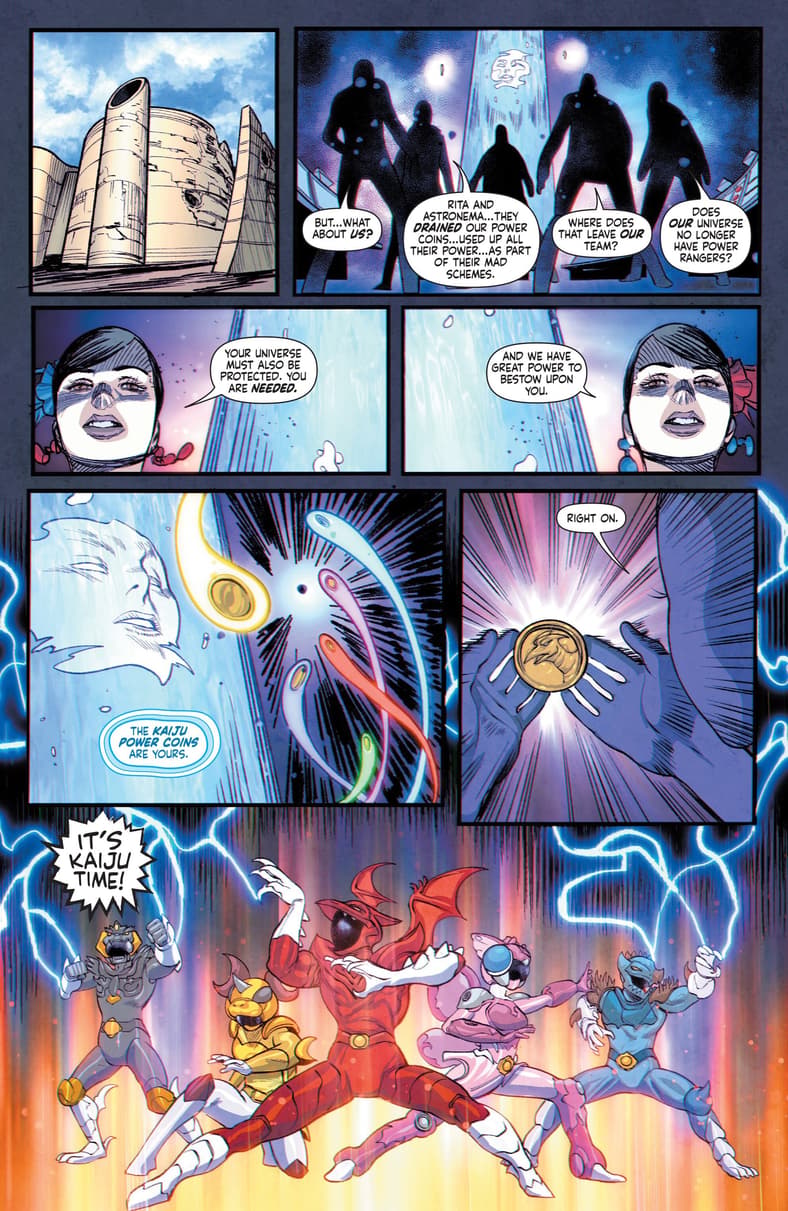 The Rangers tap into Kaiju power in Godzilla vs. The Mighty Morphin Power Rangers II #5 (2024), BOOM! Studios. Words by Cullen Bunn, art by Baldemar Rivas, Andrew Dalhouse, and Johanna Nattalie.