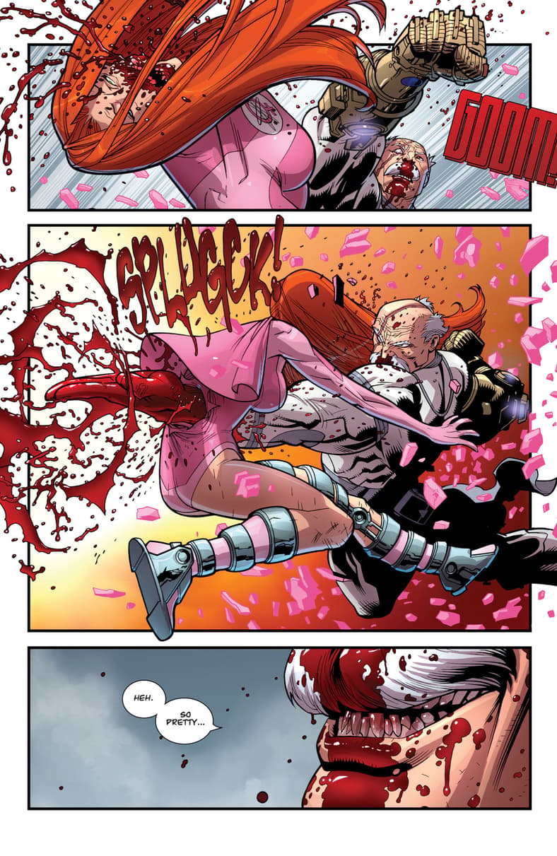 Conquest delivers a fatal blow to Atom Eve in Invincible Vol. 1 #63 "Invincible War: Aftermath Conquest Part Three" (2009), Image Comics. Words by Robert Kirkman, art by Ryan Ottley, Cliff Rathburn, and RUs Wooton.