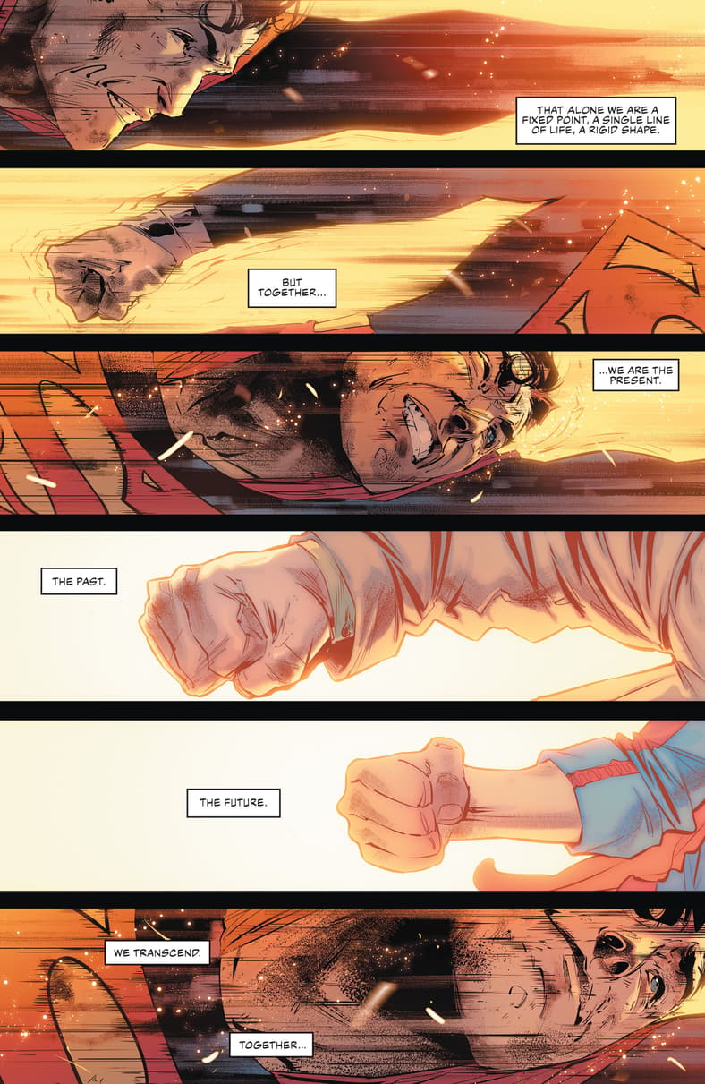 Superman fights for the future in Justice League Vol. 4 #25 "The Sixth Dimension! Conclusion" (2019), DC. Words by Scott Snyder and Jorge Jiménez, art by Jorge Jiménez, Alejandro Sánchez, and Tom Napolitano.