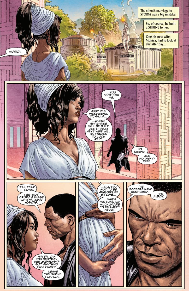 T'Challa attempts to assuage Monica's romantic doubts in Marvel Knights: The World To Come Vol. 1 #1 (2025), Marvel Comics. Words by Joe Quesada and Christopher Priest, art by Joe Quesada and Richard Isanove.