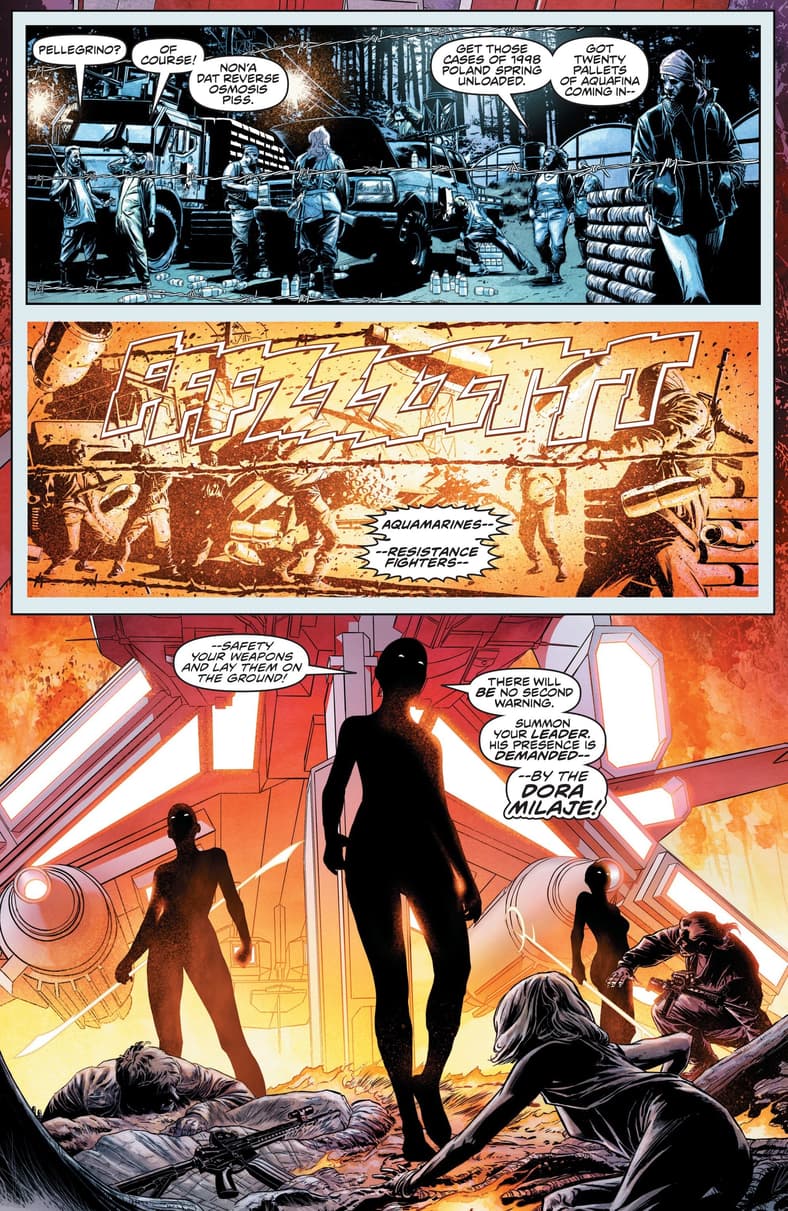 The Dora Milaje raid an Aquamariner resistance camp in Marvel Knights: The World To Come Vol. 1 #1 (2025), Marvel Comics. Words by Joe Quesada and Christopher Priest, art by Joe Quesada and Richard Isanove.