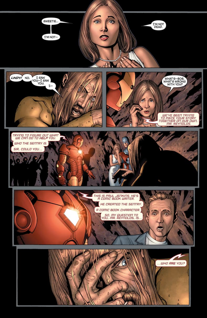 The Sentry literally meets his maker in New Avengers Vol. 1 #7 "The Sentry: Part 1" (2005), Marvel Comics. Words by Brian Michael Bendis, art by Steve McNiven, Mark Morales, Morry Hollowell, Laura Martin, Richard Starkings, and Albert Deschense.