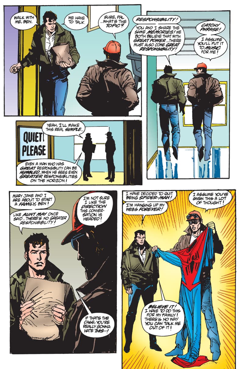 Peter Parker leaves the web-slinging to Ben Reilly in Spectacular Spider-Man Vol. 1 #229 "No More The Hero" (1995), Marvel Comics. Words by Tom DeFalco, art by Sal Buscema, Bill Sienkiewicz, John Kalisz, and Clem Robins.