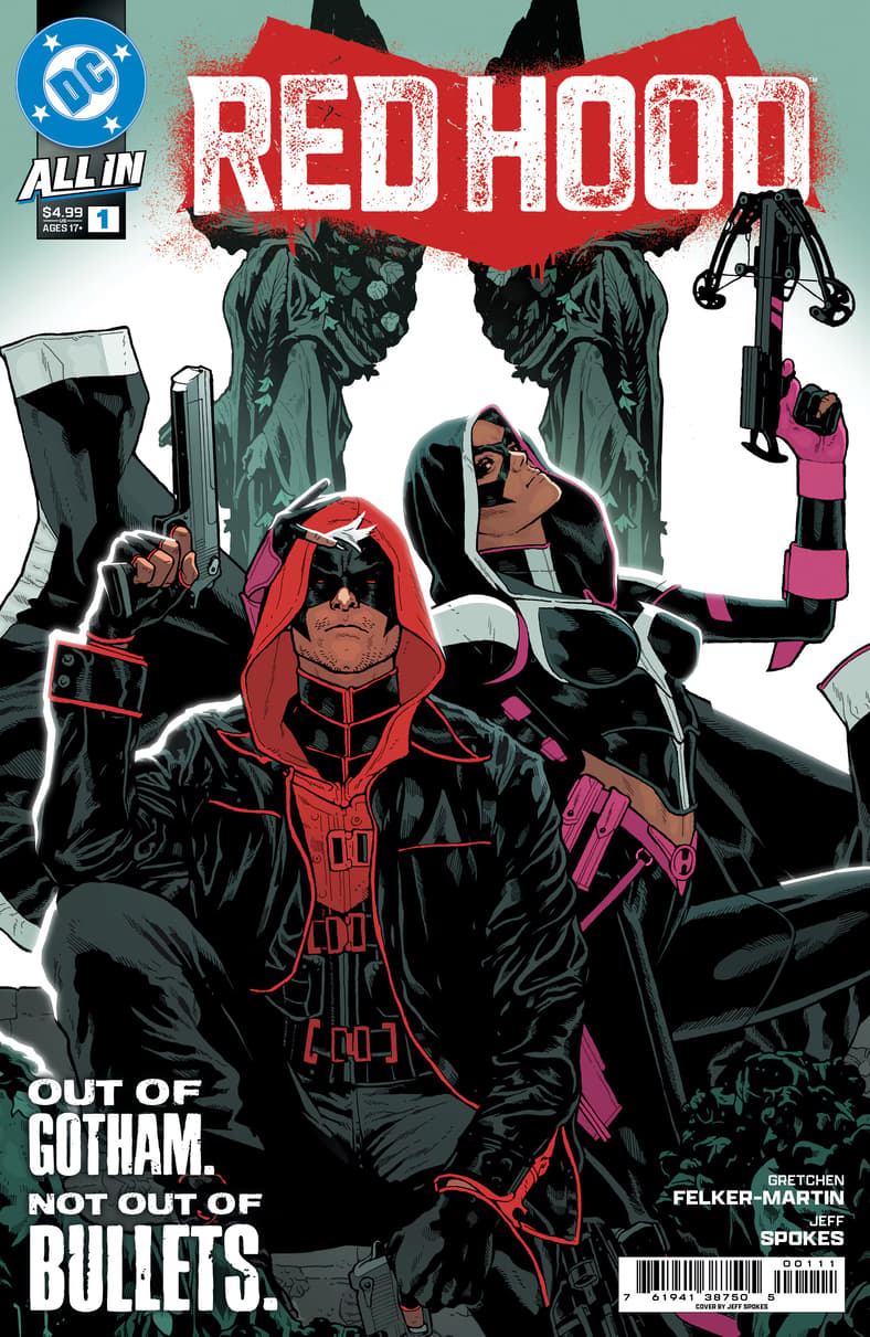 The Huntress and The Red Hood spell bad news for the criminals of New Angelique on Jeff Spokes' cover to Red Hood Vol. 1 #1 (2025), DC