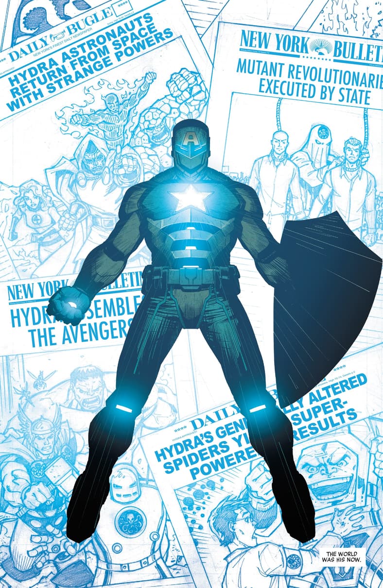 Hydra Cap rewrites the history of Earth-616 in Secret Empire Vol. 1 #10 (2017), Marvel Comics. Words by Nick Spencer, art by Steve McNiven, Jay Leisten, Matthew Wilson, and Travis Lanham.
