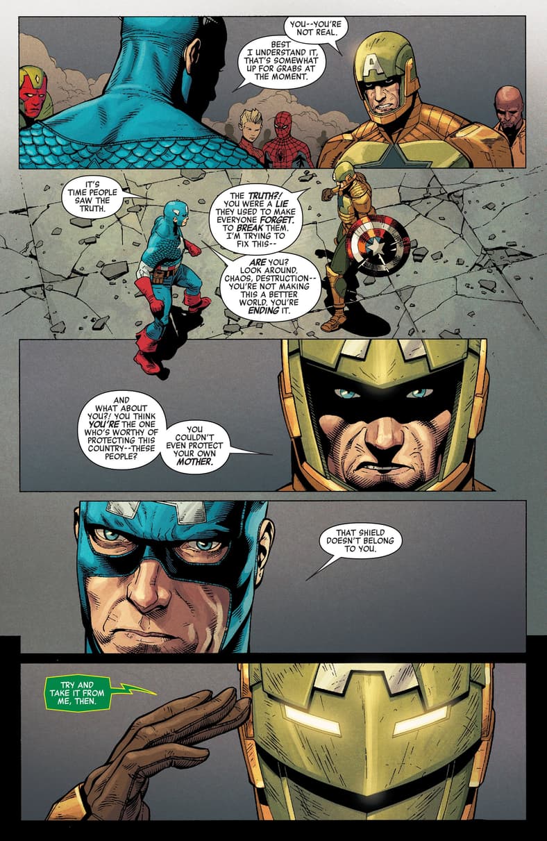The real Steve Rogers confronts his Hydra doppelganger in Secret Empire Vol. 1 #10 (2017), Marvel Comics. Words by Nick Spencer, art by Steve McNiven, Jay Leisten, Matthew Wilson, and Travis Lanham.