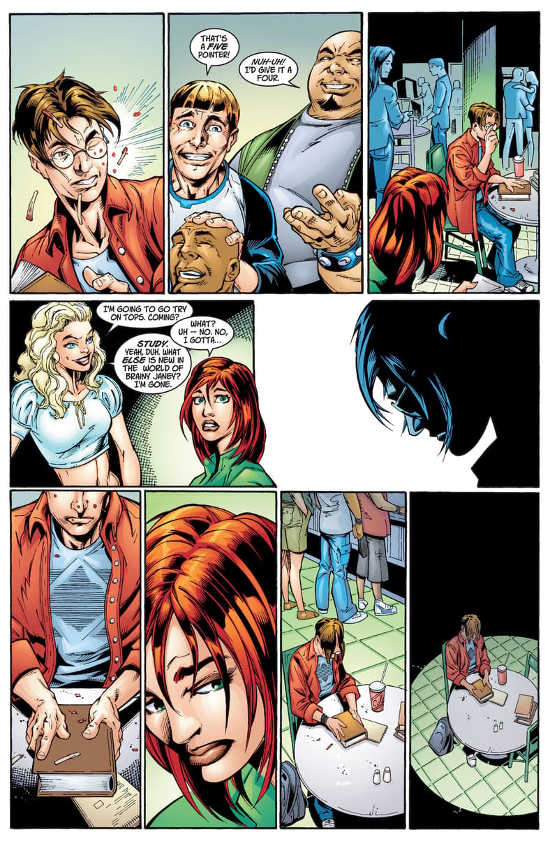 Peter Parker finds himself on the receiving end of Flash Thompson's torment in Ultimate Spider-Man Vol. 1 #1 "Powerless" (2000), Marvel Comics. Words by Brian Michael Bendis and Bill Jemas, art by Mark Bagley, Art Thibert, Steve Buccellato, and Richart Starkings.