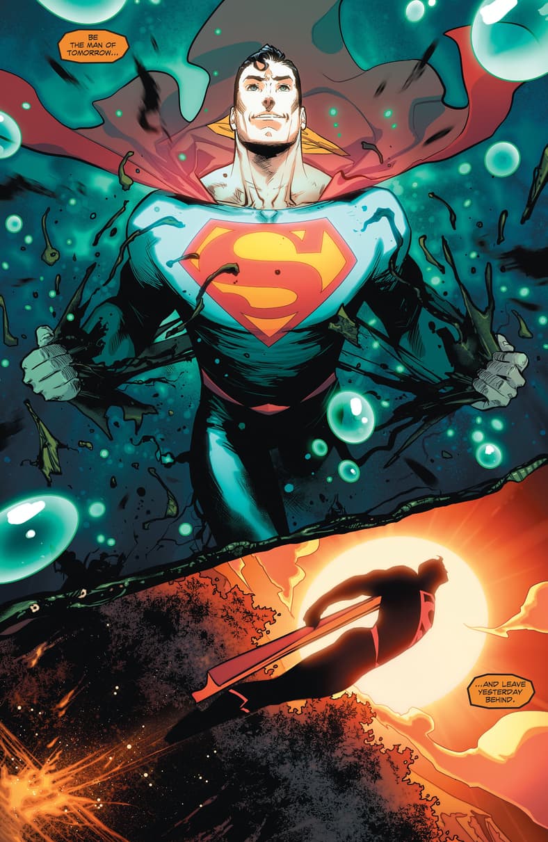 Swamp Thing helps the Man of Tomorrow embrace his role as a hero in Superman Annual Vol. 4 #1 "Tangled Up in Green" (2017), DC. Words by Peter Tomasi and Patrick Gleason, art by Jorge Jiménez, Alejandro Sánchez, and Sadia Temofonte.