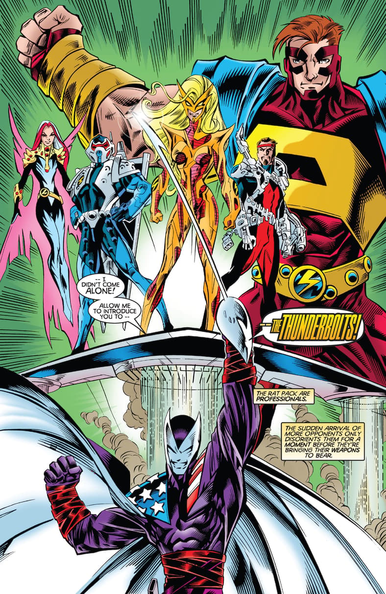 The Thunderbolts make their public debut in Thunderbolts Vol. 1 #1 "Justice... Like Lightning!" (1997), Marvel Comics. Words by Kurt Busiek, art by Mark Bagley, Vince Russell, Joe Rosas, Dave Lanphear, and Oscar Gongorra.