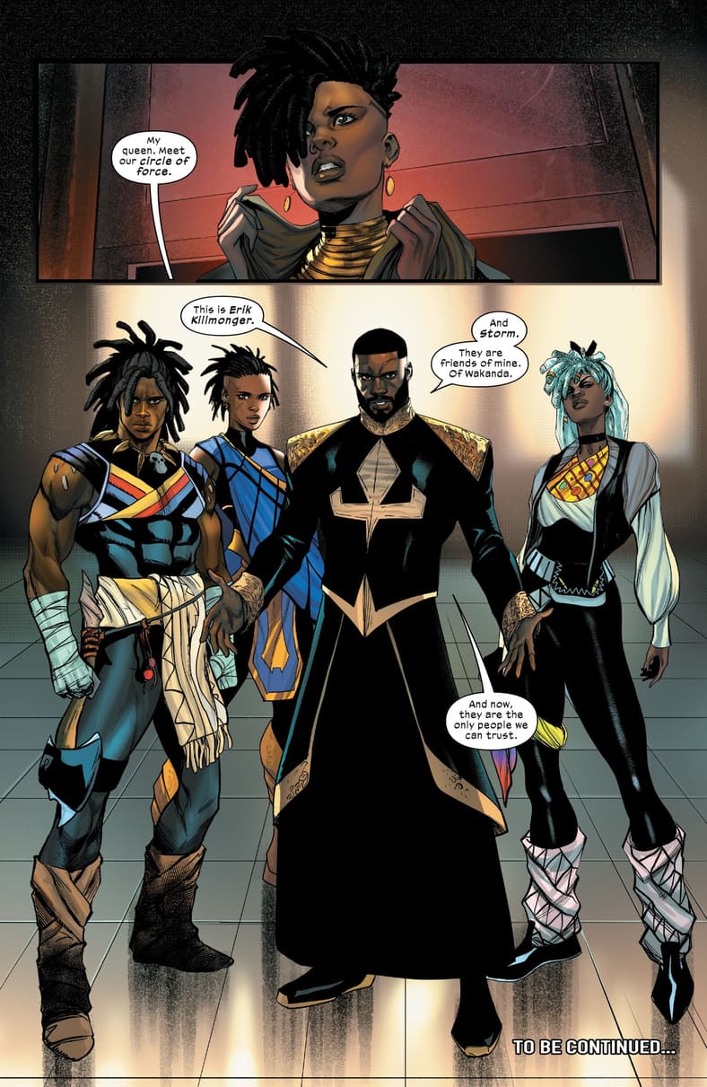 T'Challa introduces his wife, Okoye, to his inner circle of Erik Killmonger, Shuri, and Storm in Ultimate Black Panther Vol. 1 #4 (2024), Marvel Comics. Words by Bryan Edward Hill, art by Stefano Caselli, David Curiel, and Cory Petit.
