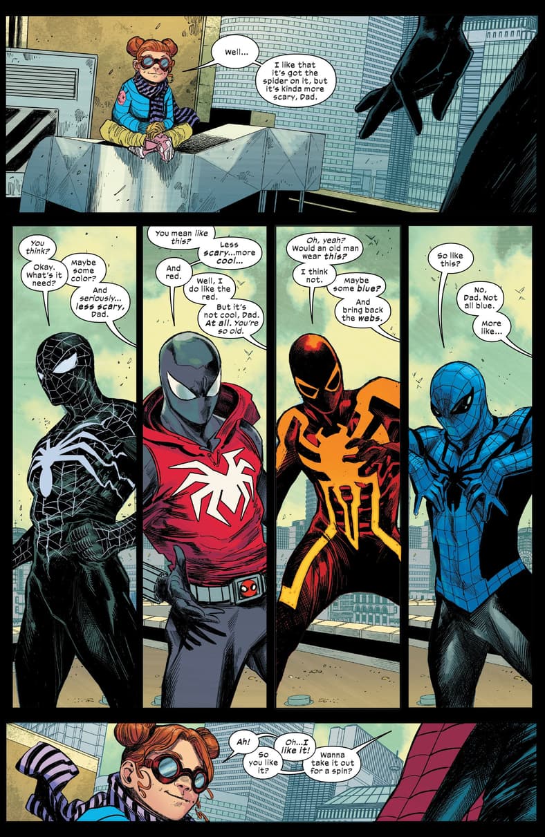 Peter Parker turns to Mayday for costume advice in Ultimate Spider-Man Vol. 3 #3 (2024), Marvel Comics. Words by Jonathan Hickman, art by Marco Checchetto, Matthew Wilson, and Cory Petit.
