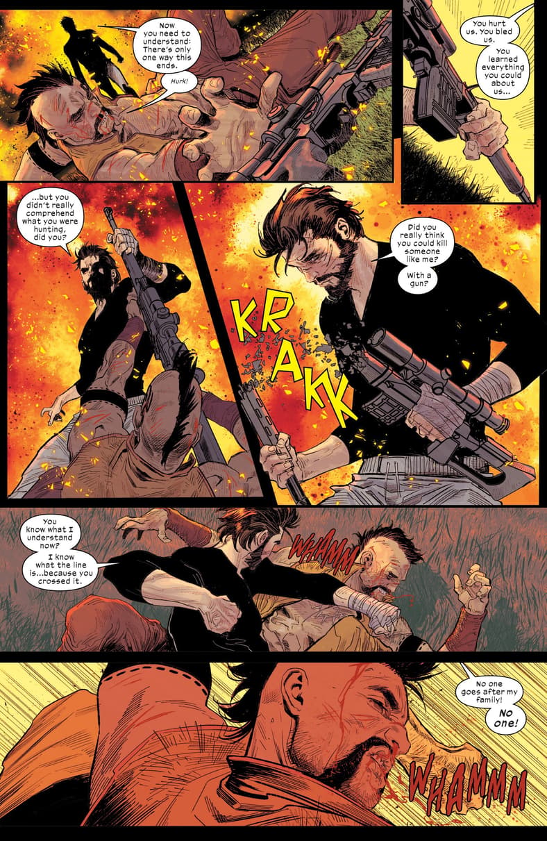 Peter Parker does not take kindly to Kraven threatening his family in Ultimate Spider-Man Vol. 3 #14 (2025), Marvel Comics. Words by Jonathan Hickman, art by Marco Checchetto, Matthew Wilson, and Cory Petit.
