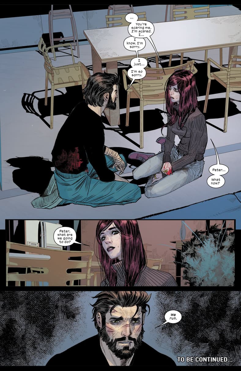 Peter shares his fears with Mary-Jane in Ultimate Spider-Man Vol. 3 #14 (2025), Marvel Comics. Words by Jonathan Hickman, art by Marco Checchetto, Matthew Wilson, and Cory Petit.
