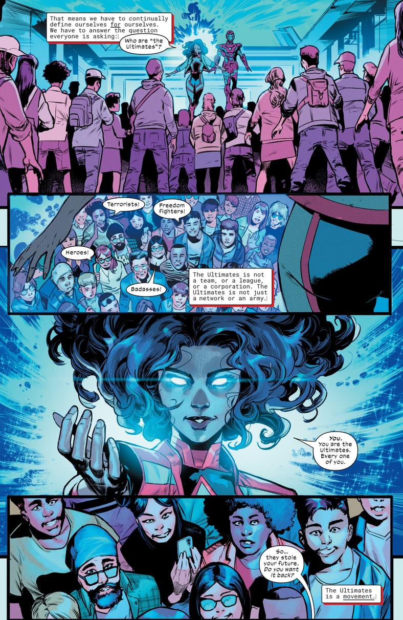 Tony Stark and America give hope to an Ultimates cell in Ultimates Vol. 3 #13 (2024), Marvel Comics. Words by Deniz Camp, art by Juan Frigeri, Federico Blee, and Travis Lanham.