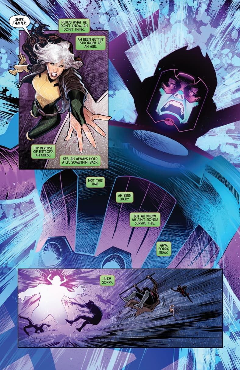 Rogue reaches out to absorb the entirety of Galactus and his Power Cosmic in Unbreakable X-Men Vol. 1 #1 "Guarding the Gate" (2025), Marvel Comics. Words by Gail Simone, art by Lucas Werneck and Clayton Cowles.