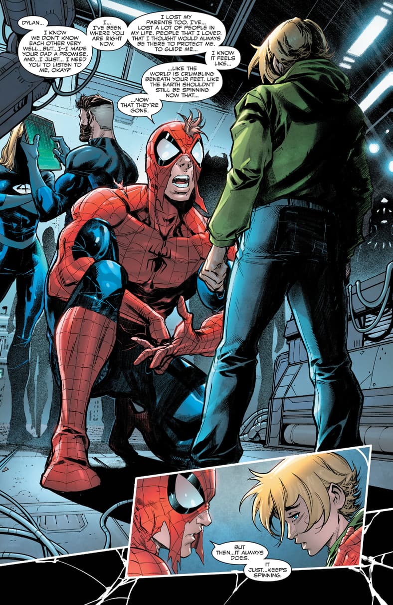 Spider-Man does his best to reassure Dylan Brock following the supposed death of his father Eddie in Venom Vol. 4 #33 "Agents Venom" (2021), Marvel Comics. Words by Donny Cates, art by Iban Coello, Jesus Aburtov, and Clayton Cowles.