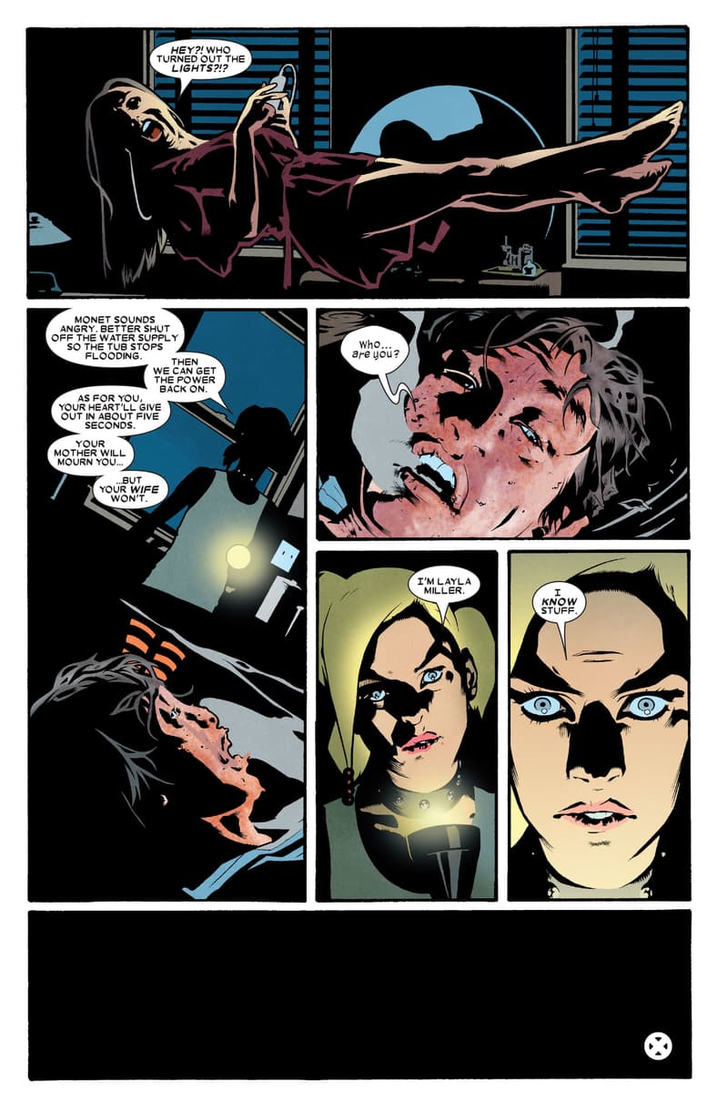 Layla Miller outwits a Singularity Investigations agent in X-Factor Vol. 3 #3 "The Big Bang" (2006), Marvel Comics. Words by Peter David, art by Ryan Sook, Dennis Calero, Wade von Grawbadger, Dennis Calero, José Villarrubia and Cory Petit.