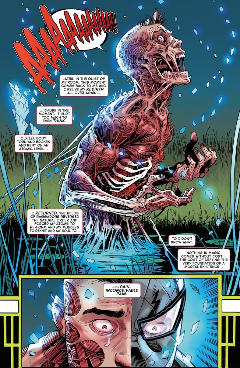 Peter Parker reassembles his atoms in Amazing Spider-Man Vol. 6 #62 "The 8 Deaths of Spider-Man - Part 2: Out of Space" (2024), Marvel Comics. Words by Joe Kelly, art by Ed McGuinness, Cliff Rathburn, Mark Farmer, Wade Von Grawbadger, Marcio Menyz, and Erick Arciniega.